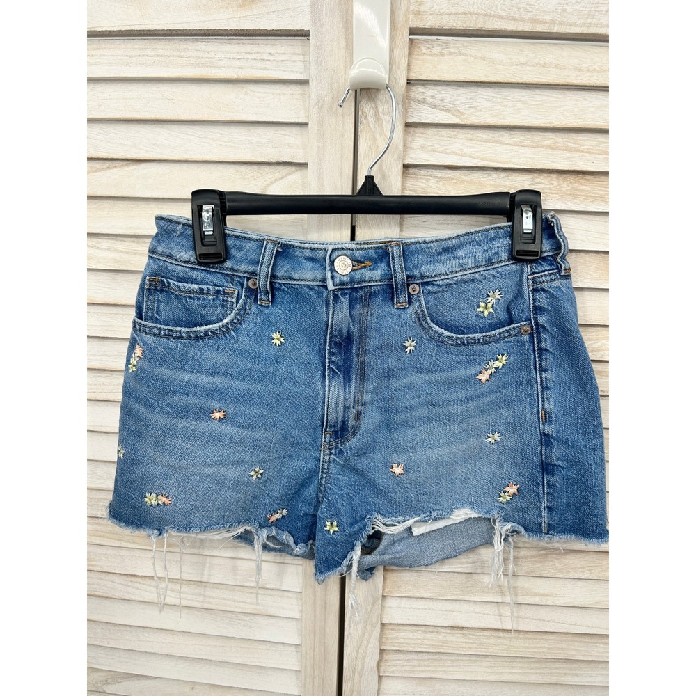 American Eagle Mom Short 6 Blue Women Embroidered Daisy Distressed Denim